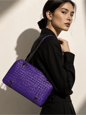 Bottega Veneta Intrecciato Chain Shoulder Bag | Purple Woven Leather-rare, w/COA